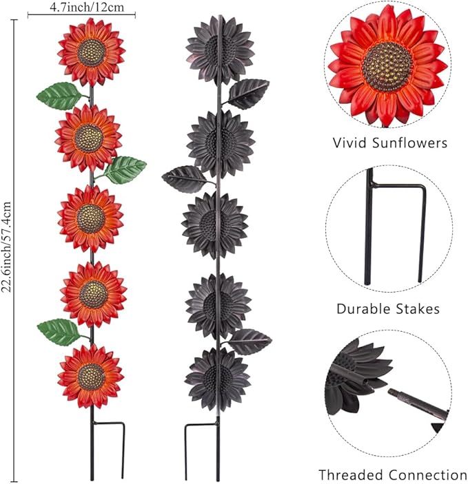 3 Pack Sunflowers Garden Stakes Decor,Metal Yard Art Decorative Garden Stakes,Metal Flowers Spring Garden Decor for Outside,Landscape,Patio(22.6 * 4.7IN)