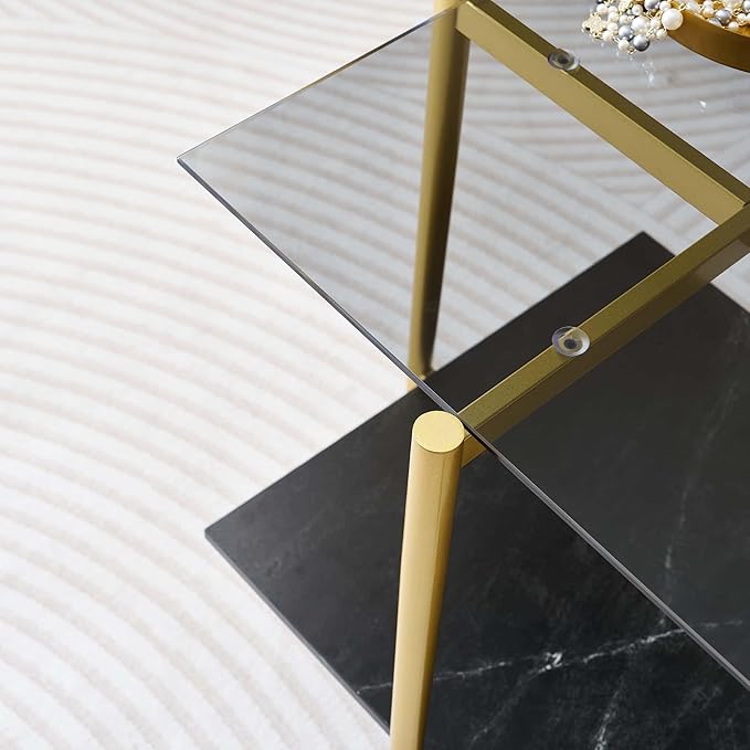 Glass End Table, Mid-Century Modern Design Sofa Table, for Living Room, L18 x W18 x H23 in, Clear Glass Top and Walnut MDF Shelf, Sleek Conical Metal Legs with Gold Finish Frame