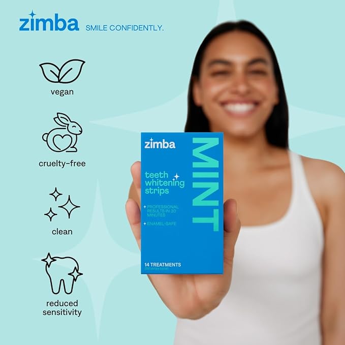 Zimba Teeth Whitening Strips Vegan Whitening Strip Enamel Safe Teeth Whitening Hydrogen Peroxide Teeth Whitener for Coffee, Wine, Tobacco, and Other Stains, 28 Strips (14 Day Treatment), Mint