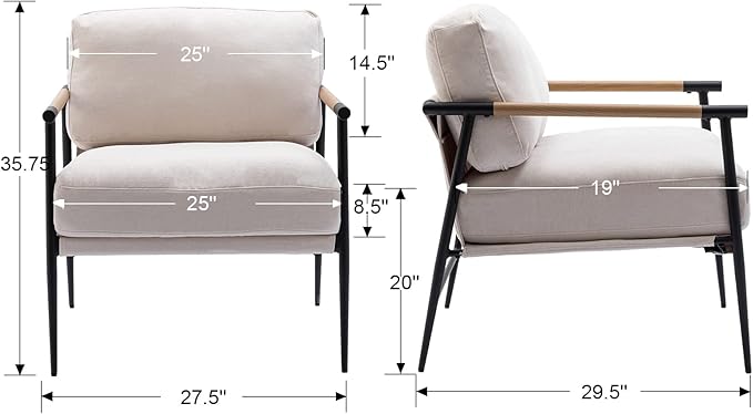 Mid-Century Accent Chair Set of 2, Soft Armchair Chenille Fabric Lounge Chair with Black Metal Legs, Upholstered Leisure Chair for Living Room Bedroom Reception Room, Beige