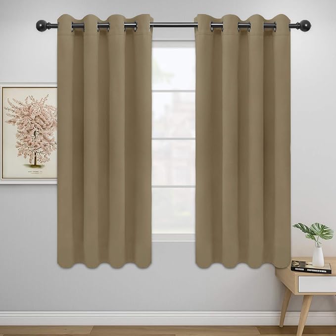 Easy-Going Blackout Curtains for Bedroom, Solid Thermal Insulated Grommet and Noise Reduction Window Drapes, Room Darkening Curtains for Living Room, 2 Panels (52x63 in,Tan)