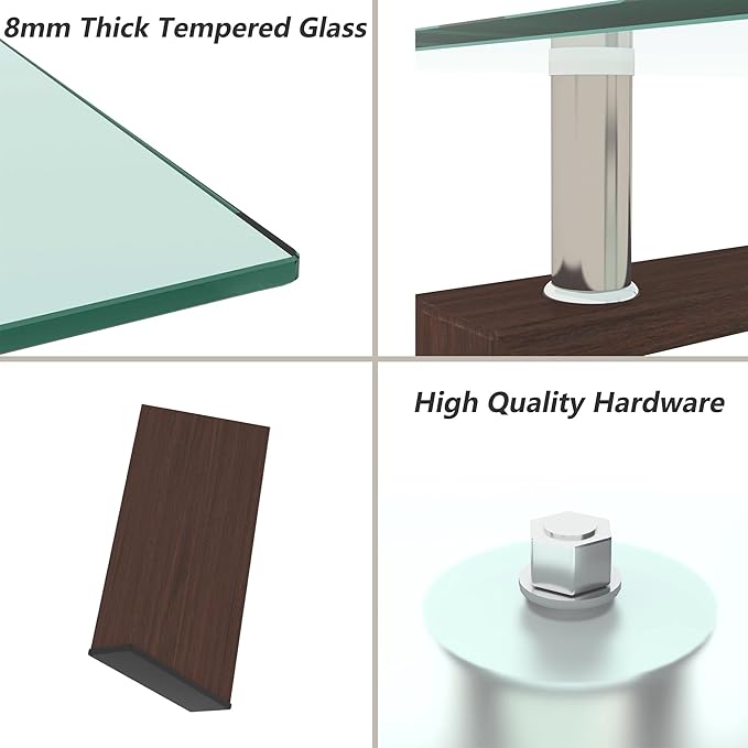Glass Coffee Table for Living Room, Mordern Sofa Center Tables with Storage, Brown Metal Leg, Rectangle Tempered Glass Center Table Home Furniture