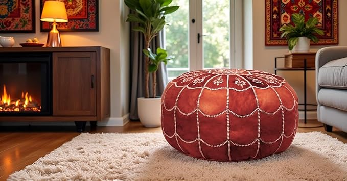 Stuffed Arch Design Moroccan Leather Pouf Ottoman, Handmade, Pre-Filled, 100% Genuine Leather, 14” Height x 22” Diameter – Boho Chic Footstool & Living Room Décor (Honey Cognac)