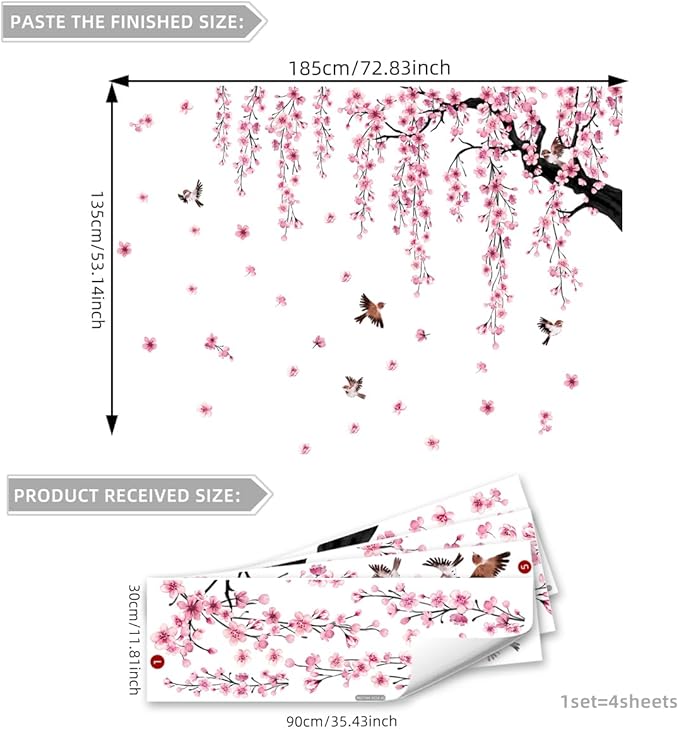 Runtoo Large Cherry Blossom Tree Wall Decals Peel and Stick Pink Floral Wall Art Stickers for Living Room Bedroom Nursery Flower Decor