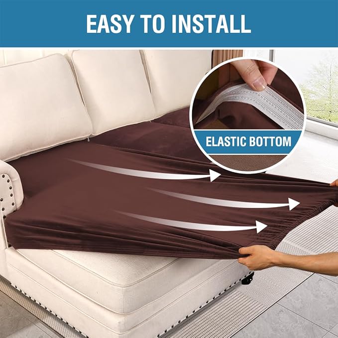 H.VERSAILTEX Velvet Stretch Sectional Couch Covers - 4 Piece L Shape Sofa Seat Cushion Set for 3 Seater + 1 Chaise (Brown)