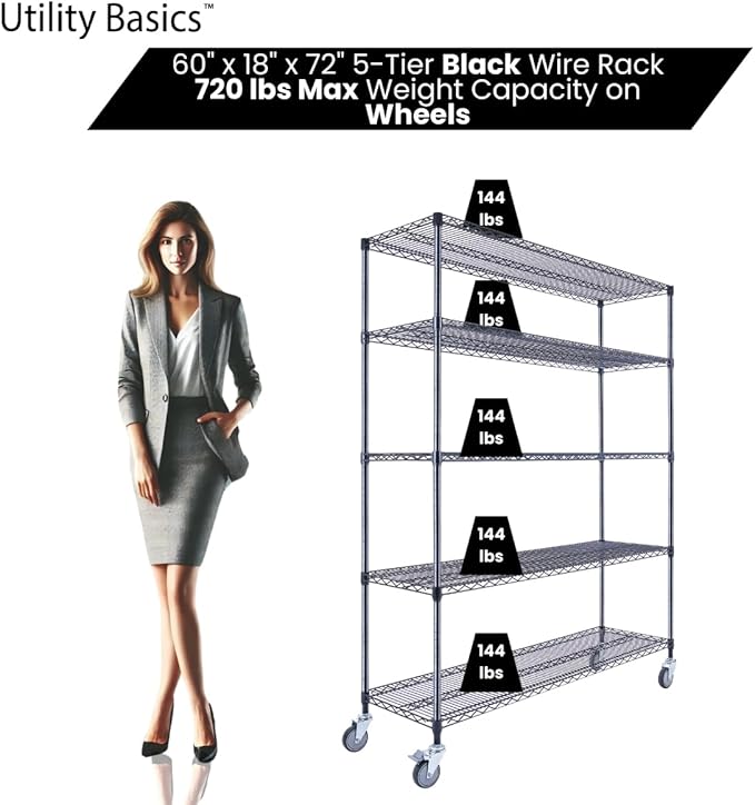60"x18"x72" Black 5-Tier Premium Wire Shelving NSF 4000 LBS MAX Capacity Heavy Duty Steel Storage Rack for Warehouses, Garages, Hospitals, Commercial Spaces, & Schools w/Premium Wheels