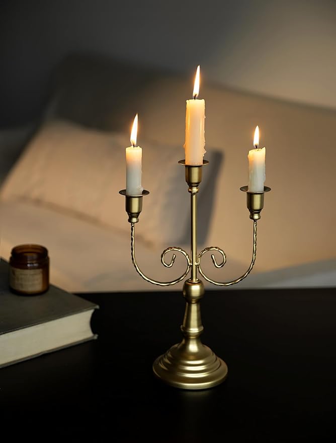 Sziqiqi Gold Taper Candle Holder for Centerpiece - 3-Candle Candlesticks Holder for Wedding Table Centerpieces Metal Candle Stick Holders Fireplace Mantle Decor