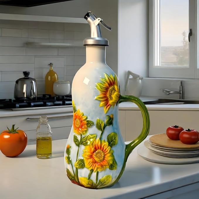 18.26oz/540ml Ceramics Olive Oil Dispenser Bottle,Hand Painted Reliefs Oil Dispenser for Kitchen,Oil Bottles for Kitchen (Sunflower)