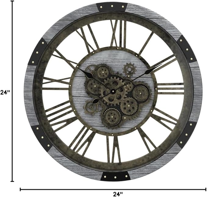 DORBOKER 24" Large Wall Clock with Moving Gears,Oversize Vintage Industrial Rustic Farmhouse Clocks for Living Room Decor Office Home,Solid Wood HD Tempered Glass Cover,Silver Grey