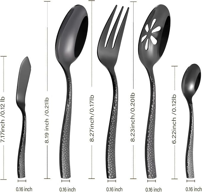 Silverware 45-Piece Black Hammered Flatware Set with Serving Utensils Stainless Steel Thick Handle Mirror Polished Cutlery Set for Wedding Hotel Restaurant, Service for 8