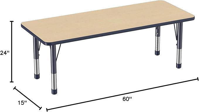 Factory Direct Partners FDP Rectangle Activity School and Classroom Kids Table (24 x 60 inch), Chunky Toddler Legs, Adjustable Height 15-24 inches - Maple Top and Navy Edge