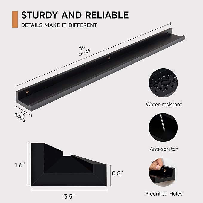 Fun Memories Picture Ledge Shelf, 36 Inch Floating Shelves Set of 2, Nursery Book Shelves for Toys Storage, Kids Bookshelf Wall Mounted for Wall Decor Books Photo Frames, Black