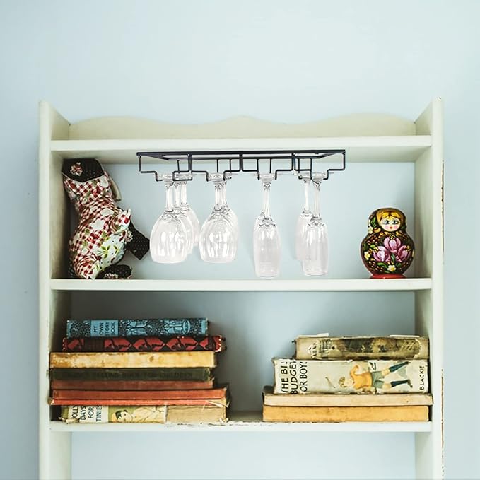 4 Rows Wine Glass Rack Under Cabinet Hanging Stemware Wine Glass Holder Under Shelf Wire Wine Glasses Racks Hanger for Bar, Kitchen (1, 4 Rows)