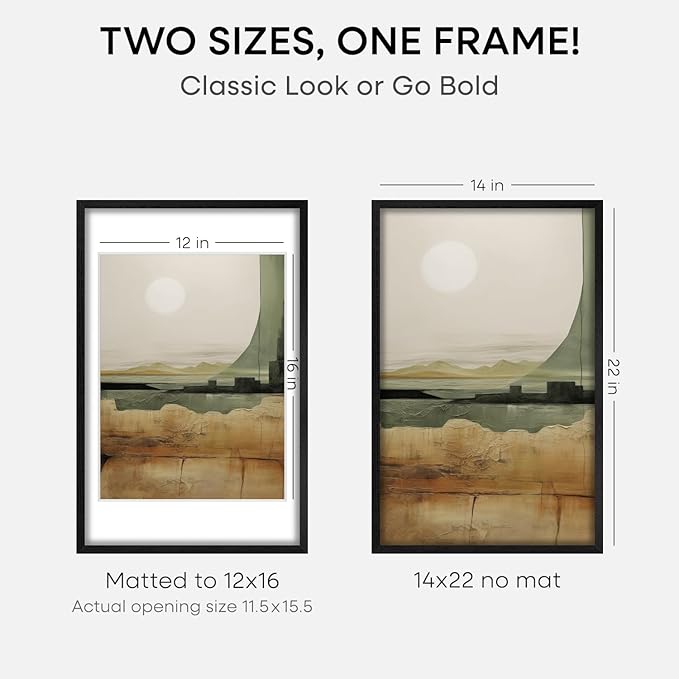 Homeforia 14x22 Frame Black Wood, High End Oak 14x22 Picture Frames with Mat 12x16 Photo, 14 x 22 Wooden Poster Frame Matted to 12 by 16 Print, 22x14 Hanging Frames, Tempered Glass, Wall Kit, Set of 1