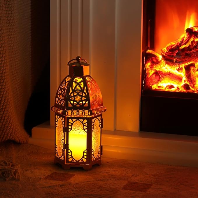 NEEDOMO 12.8'' Moroccan Lanterns Decorative Indoor & Outdoor, Vintage Christmas Candle Holder, Metal Lanterns Decorative, Table, Patio, Porch, Shelf, Christmas Spring Ramadan Eid Home Decor (Golden)