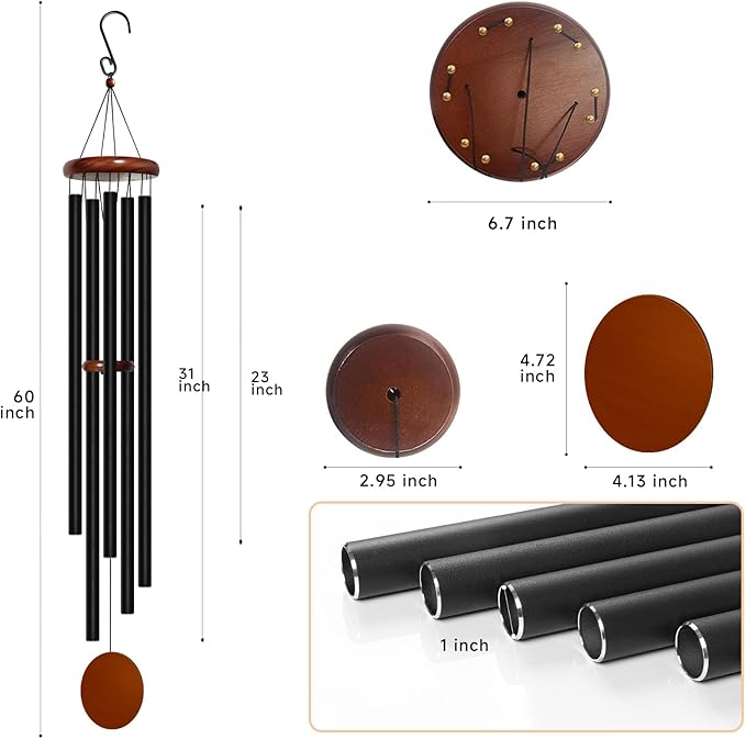 Wind Chimes for Outside Deep Tone, 60 inch 5 Heavy Duty Tubes Aluminium Metal Extra Large Wind Chimes Outdoor, Decoration for Garden, Patio, Yard, Gift for Mother's Day, Birthday
