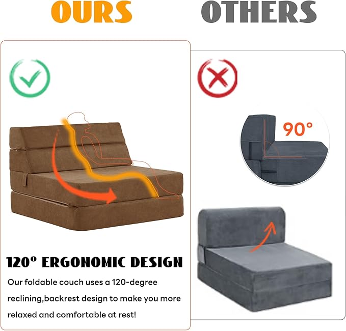 jela Foldable Sofa Bed Large Soft Foam Convertible Sleeper Chair Luxury Miss Fabric Fold Out Chair Bed Floor Couch with Back Support Floor Sofa for Living Room Bedroom (83"x33",Coffee Brown)
