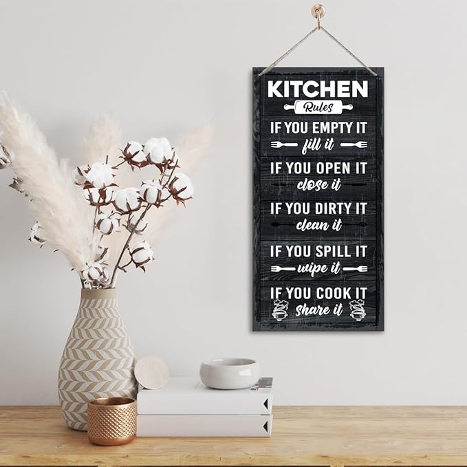 Hanging Kitchen Rules Wood Decor Sign, Rustic Kitchen Wooden Signs, Printed Wood Wall Art Sign, Kitchen Door Rules Rustic Sign, Hanging Wood Sign Kitchen Decor, Funny Farmhouse Kitchen Wall Décor A1