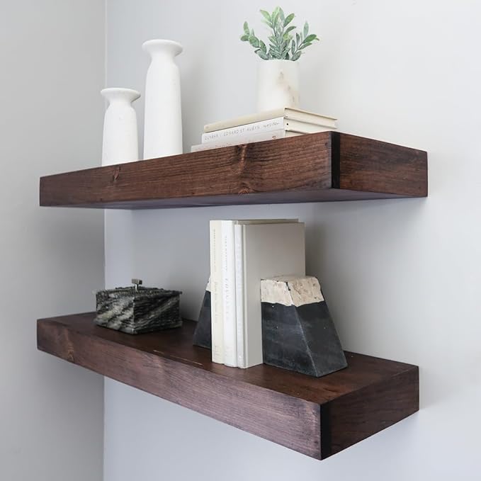 Modern Floating Shelves 3 Inches Thick for Wall, Wide Shelves for Kitchen, Living Room, Bedroom, and Bathroom, Natural Pine Wood, Rustic Wooden Shelf, (Set of 2) (Provincial, 24Lx3Hx6D)
