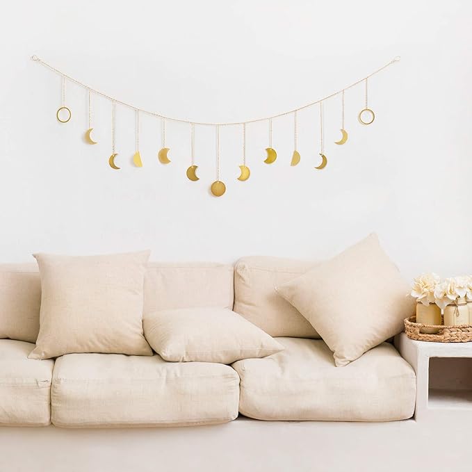 Mkono Moon Phase Wall Hanging Boho Aesthetic Room Decor Metal Moons Garland Hanging Art Bohemian Home Decoration for Girls Room Nursery Bedroom Livingroom Dorm, Ideal, Gold, 55"
