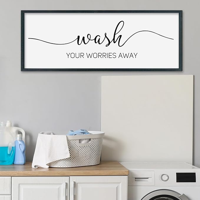 SRSZHIYUE Wash Your Worries Away Bathroom Sign Wall Art 32"×12" Funny Restroom Toilet Large Wood Framed Hanging Decor (Black)