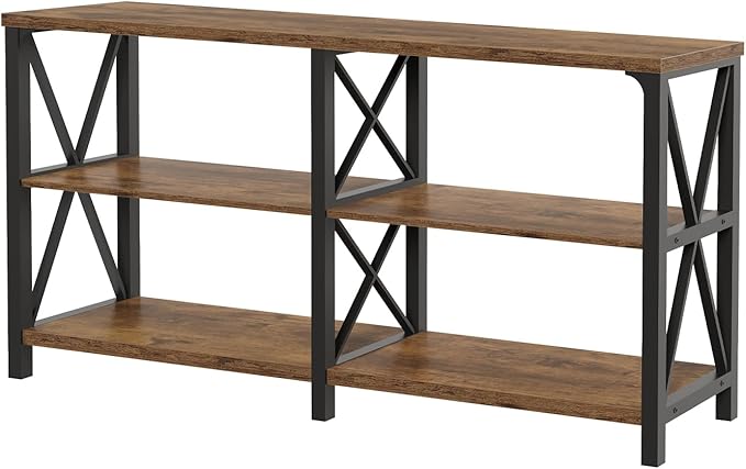 LVB Wood Console Table, Rustic 3 Tier Sofa Table Behind Couch, Industrial Metal Entryway Table with Storage Shelf, Farmhouse Wooden Foyer Hallway Table for Entry Living Room, Rustic Brown, 55 Inch