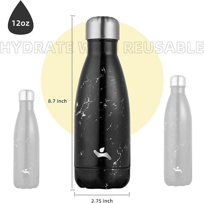 Insulated Water Bottles,12 oz Double Wall Stainless Steel Vacumm Metal Flask for Sports Travel,Marble Midnight