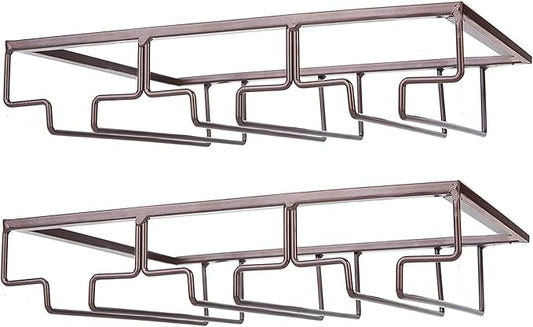 Wine Glass Rack - Under Cabinet Stemware Wine Glass Holder Glasses Storage Hanger 2 Pack Metal Organizer for Bar Kitchen Brown
