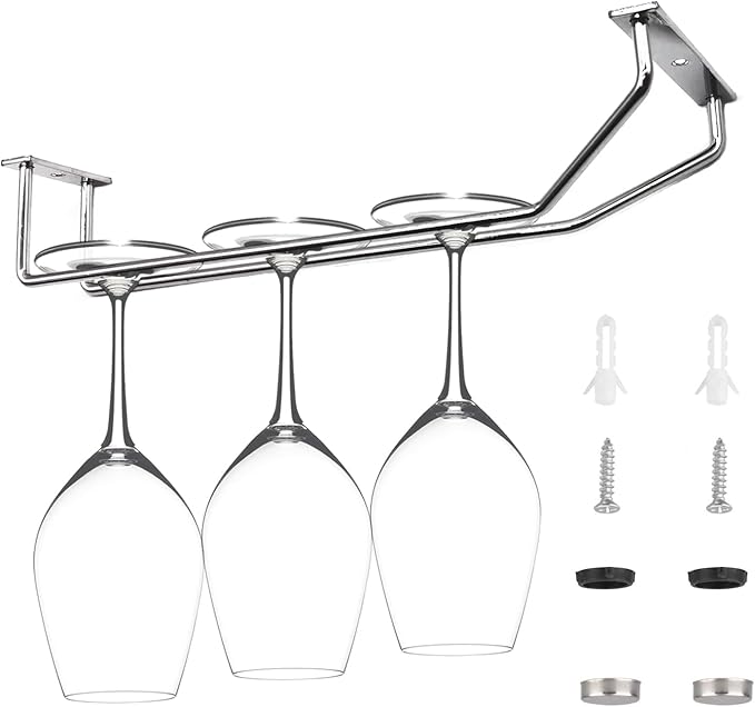 10.8 Inch Wine Glass Rack, Under Cabinet Wine Glass Holder, Wine Glass Hangers Under Shelf, Chrome Finish Stemware Rack, Hanging Stemware Holder for Cabinet Kitchen Bar, Set of 2