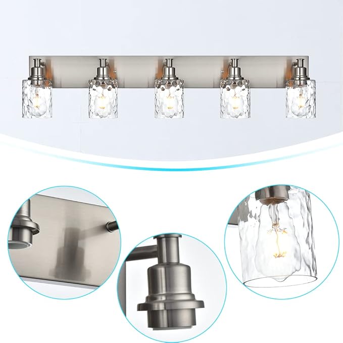BONLICHT 5 Lights Sconces Wall Lighting Brushed Nickel with Hammered Glass Shade, Industrial Bathroom Light Fixtures Vanity Lights Porch Light Fixtures Classic Metal Wall Mount Lamp Over Mirror