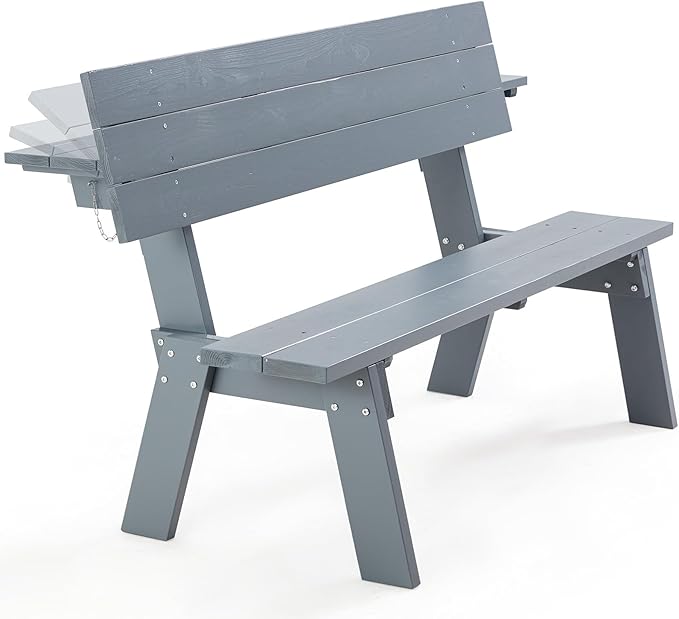 AVAWING Outdoor Convertible Wood Bench with Backrest, Patio Wood Convert a Bench, Space-Saving 2-in-1 Picnic Table Chairs Set for Backyard, Porch, Patio, Garden, Grey