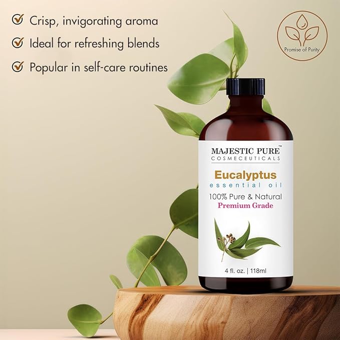 Majestic Pure Eucalyptus Essential Oil with Glass Dropper - Huge 4 Fl Oz - 100% Pure and Natural Eucalyptus Oil - Premium Grade Essential Oils for Diffuser, Aromatherapy, Soap and Candle Making
