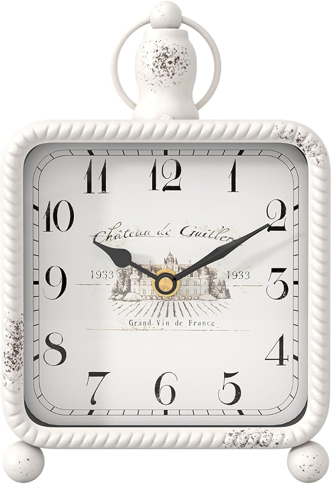Vintage White Table Clock on Stand, Desk and Shelf Decor Clock, French Rustic Style Non-Ticking Mantel Clocks for Farmhouse, Living Room, Bedroom, Bedside, Gift (8.5" H x 5.5" W)