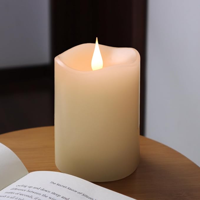 Flameless Candles Battery Operated with Timer, 3D Moving Flame Flickering, Last 600+ Hours Battery Candles, 3" x 4" Ivory Real Wax Electric LED Candle for Wedding Party Decorations