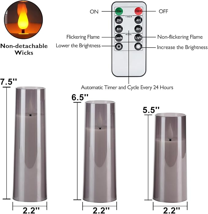 Amagic Grey Flameless Candles 9 Set, Battery Operated Candles with Remote Control and Timer, Flickering LED Pillar Candles for Home Halloween Decor, 3D Wick, Warm Yellow Light, D2.2 xH5 6" 7"