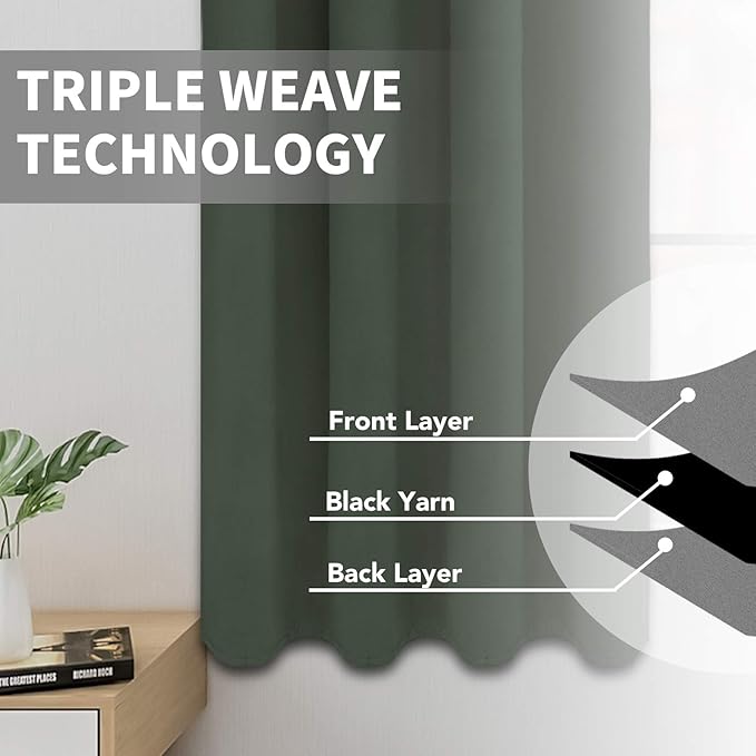 Easy-Going Blackout Curtains for Bedroom, Solid Thermal Insulated Grommet and Noise Reduction Window Drapes, Room Darkening Curtains for Living Room, 2 Panels (52x96 in,Greyish Green)