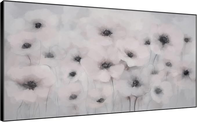 36"x72" Extra Large Framed Wall Art Soft White Poppies Watercolor Floral, Delicate Botanical for Home Living Room Bedroom Decor (Frame Assembly Required)