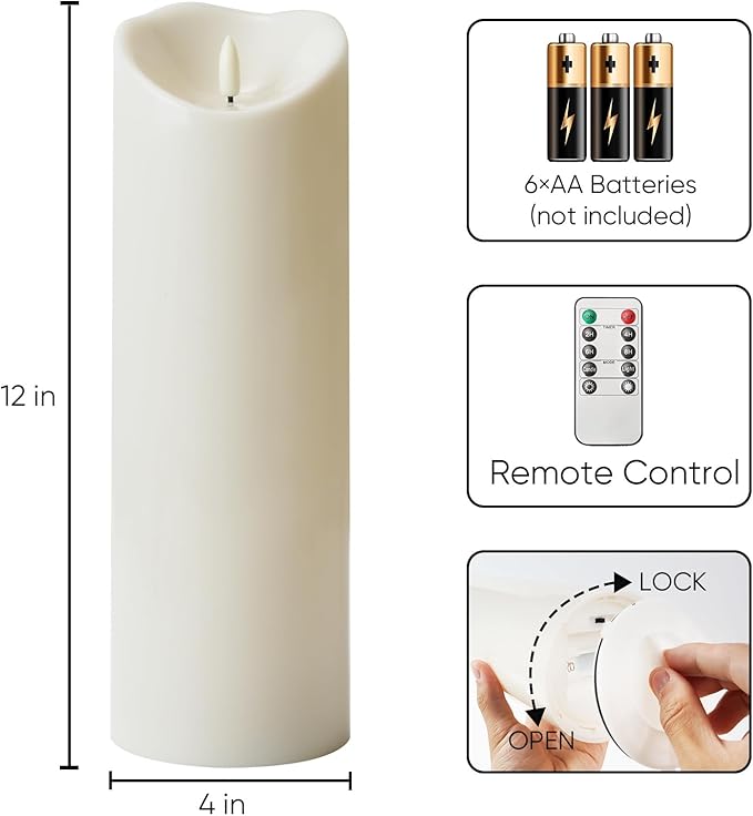 Homemory 4"x12" Outdoor Waterproof Flameless Candles with Timers and Remote Control, Battery Operated Candles, LED Plastic Candles, Ivory White, Set of 2