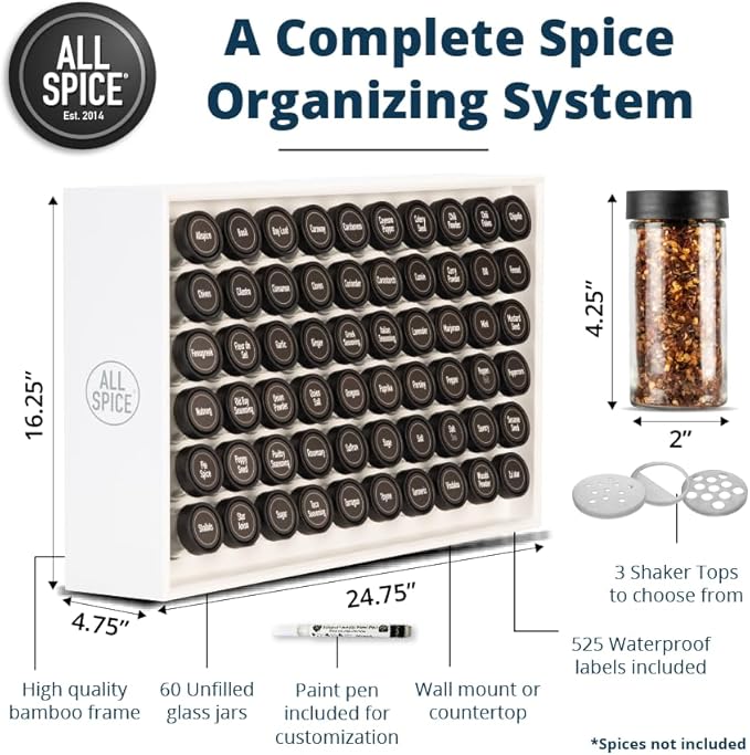 AllSpice Spice Rack Organizer, Wood, 525 Unique Labels, Countertop or Wall Mount, Includes 60 4oz Jars- Matte White