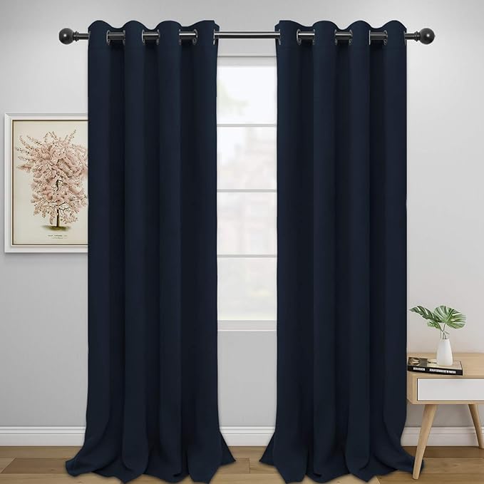 Easy-Going Blackout Curtains for Bedroom, Solid Thermal Insulated Grommet and Noise Reduction Window Drapes, Room Darkening Curtains for Living Room, 2 Panels (52x108 in,Navy)
