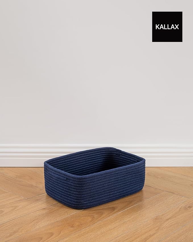 Small Woven Basket, 13.5 x 9.5 x 5 Inches, Storage Basket for Organizing, Cute Small Rope Shelf Closet Cube Storage Bins Baskets for Shelves, Dog Toy Gift Baskets Empty, 3 Packs, Navy Blue