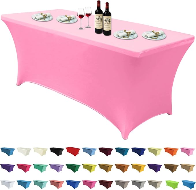 ABCCANOPY 6 FT Spandex Table Cover Stretch Fitted Wrinkle Resistant Tablecloth Reuse for Rectangular Folding Table Patry Event Wedding Banquet Protector Pink