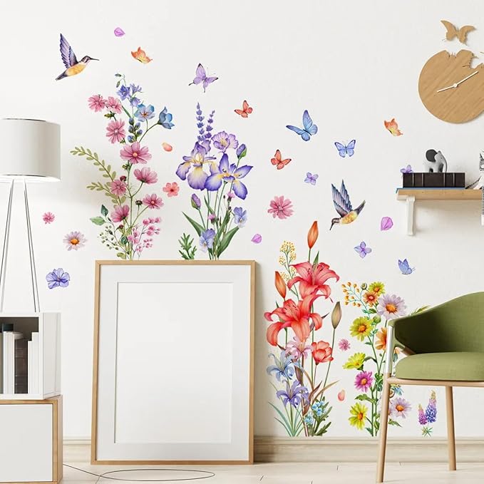 Set of 40 PCS Hello Spring Summer Window Cling Sticker Daisy, Sunflower, Birds, and Butterfly Window Stickers, Spring and Summer Decor, Home, Shop Window Glass Display Stickers (Floral with Birds)