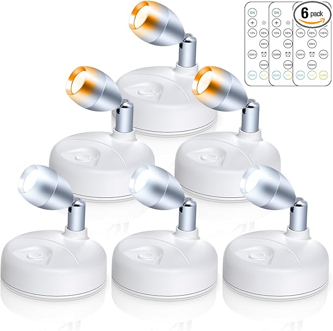 Small Battery Operated Spotlights Indoor with Remote Flicker-Free 60 Lumens Dimmable Warm/Neutral/Cool White 3 Mode Wireless Mini Up Lights for Accent Wall, Art Display, Picture, 6 Pack