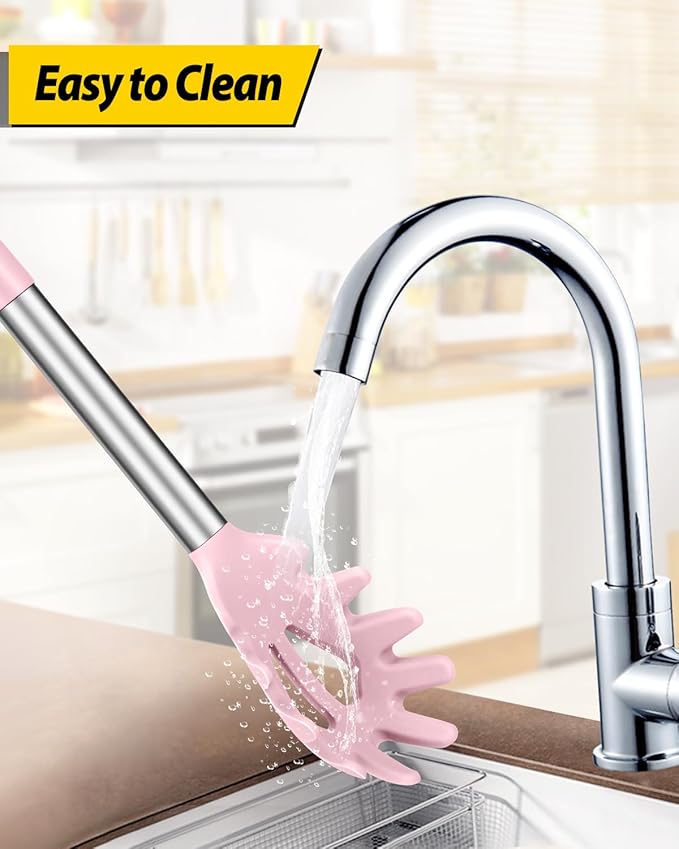 Silicone Pasta Fork and Ladle Spoon Set, Large Non Stick Kitchen Utensils for Cooking,Stirring,Serving Spaghetti, Soup, Sauce (PINK)