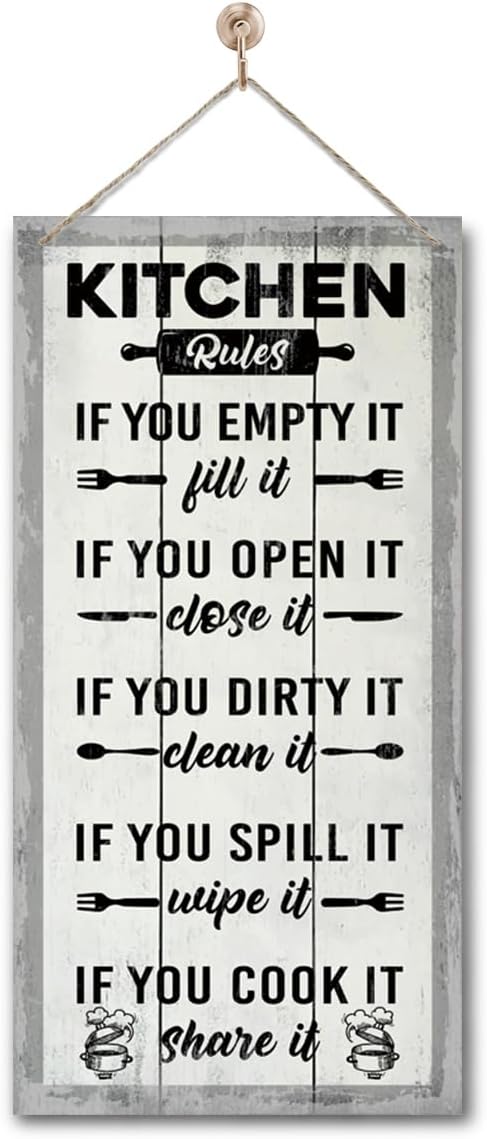 Hanging Kitchen Rules Wood Decor Sign, Rustic Kitchen Wooden Signs, Printed Wood Wall Art Sign, Kitchen Door Rules Rustic Sign, Hanging Wood Sign Kitchen Decor, Funny Farmhouse Kitchen Wall Décor J1