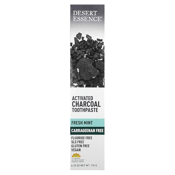 Desert Essence Activated Charcoal Toothpaste - Fluoride and Carrageenan Free - Brighter Teeth and Fresher Breath with Activated Coconut Shell Charcoal, Baking Soda, and Fresh Mint - 6.25 oz
