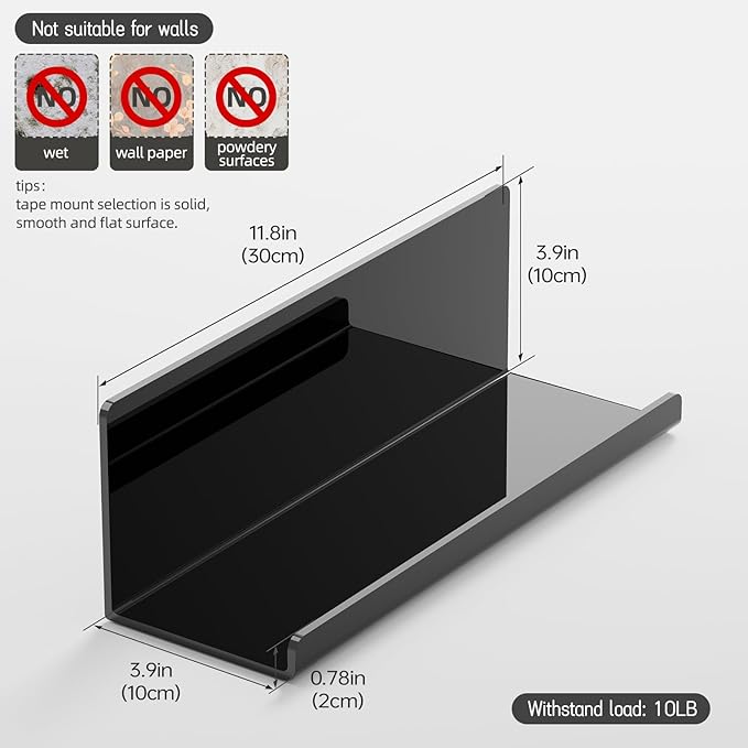Acrylic Floating Shelves for Wall No Drilling, Self Adhesive Space-Saving Shelves, 12 Inch Floating Shelf Stick on Wall Shelf, for Bathroom, Kitchen, Bedroom, Office, Gaming Room, Black