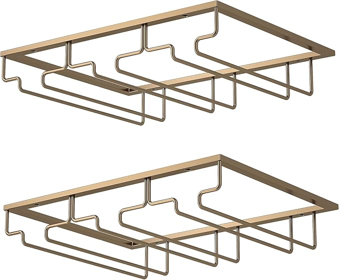 Wine Glass Rack - Under Cabinet Stemware Wine Glass Holder Glasses Storage Hanger 2 Pack Metal Organizer for Bar Kitchen Gold