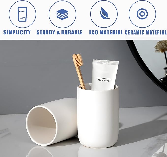 Toothbrush Holders for Bathrooms - 1 Cups Ceramic Toothbrush Toothpaste Holders, White Bathroom Tumbler Cups Reusable Toothbrush Mouthwash Cup, Bathroom Counter Organizer.